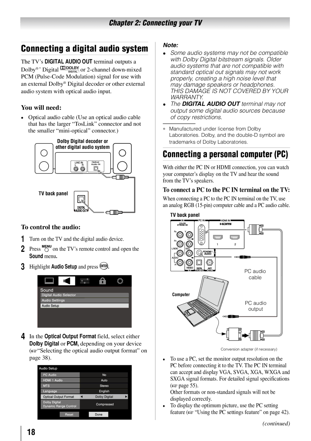 Toshiba 32FT2U Connecting a digital audio system, Connecting a personal computer PC, To control the audio, Sound menu 