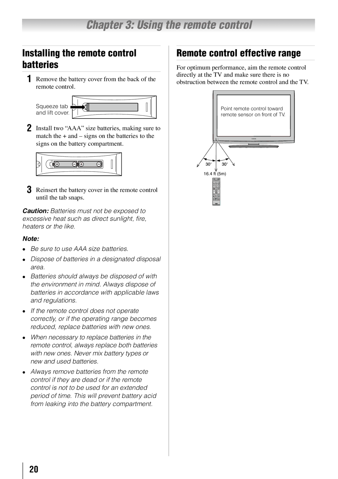 Toshiba 32FT2U Using the remote control, Installing the remote control batteries, Remote control effective range 