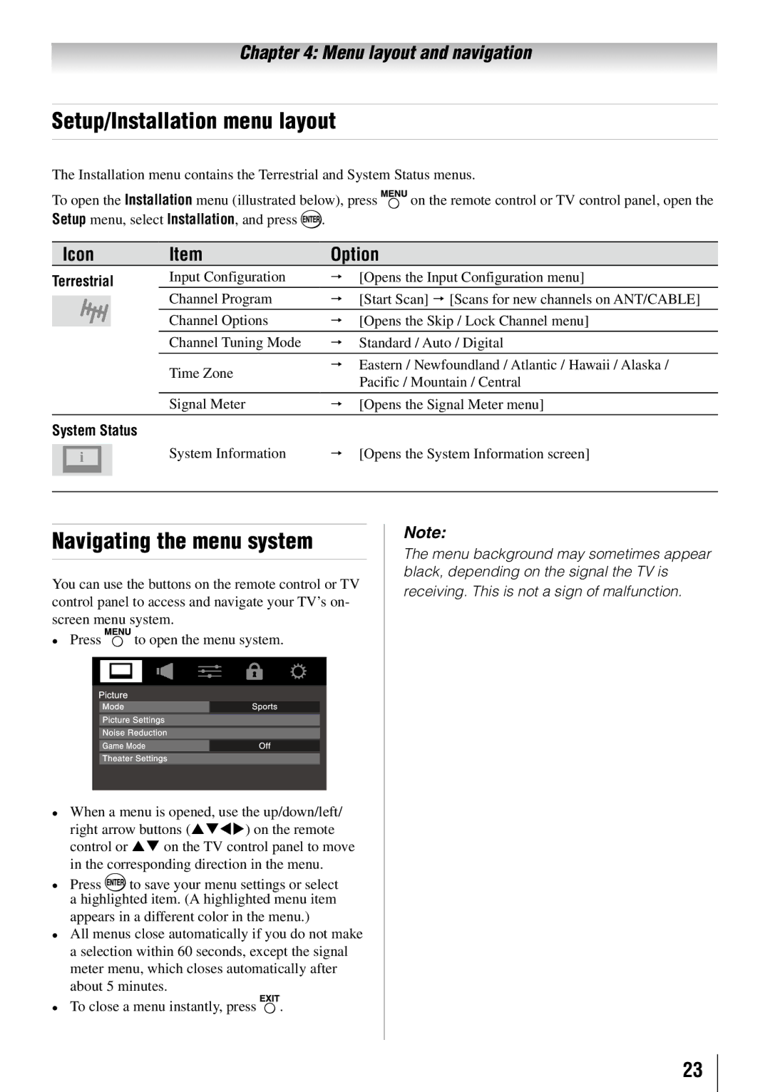 Toshiba 32FT2U owner manual Setup/Installation menu layout, Navigating the menu system 