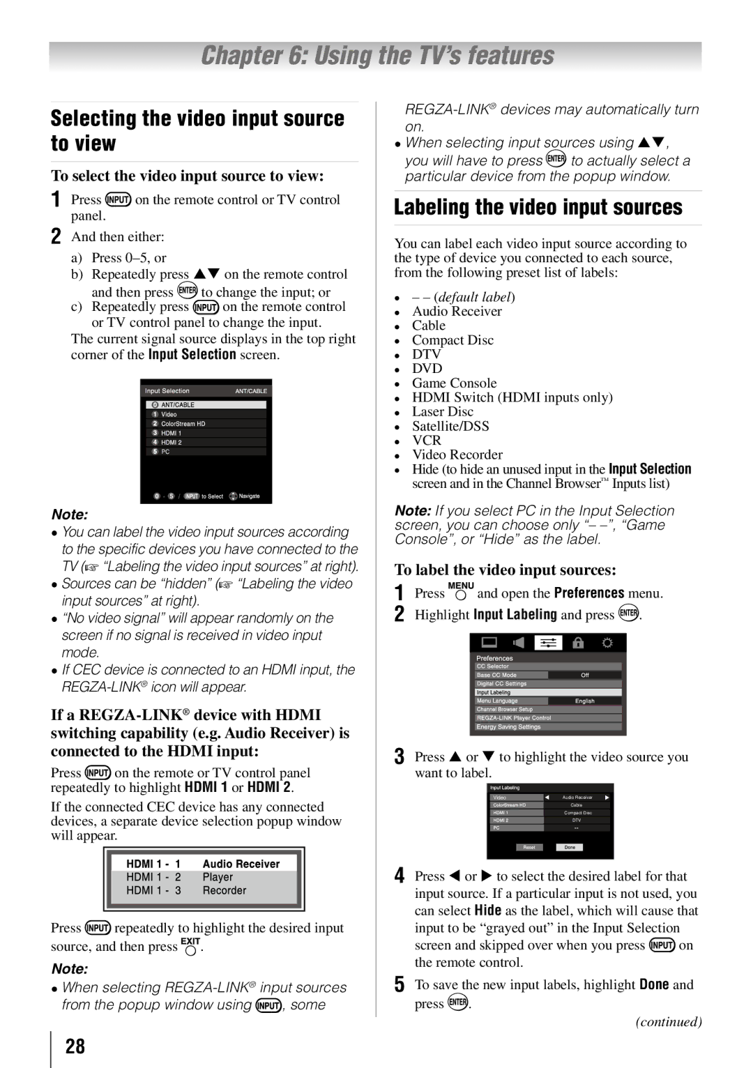 Toshiba 32FT2U Using the TV’s features, Selecting the video input source to view, Labeling the video input sources 