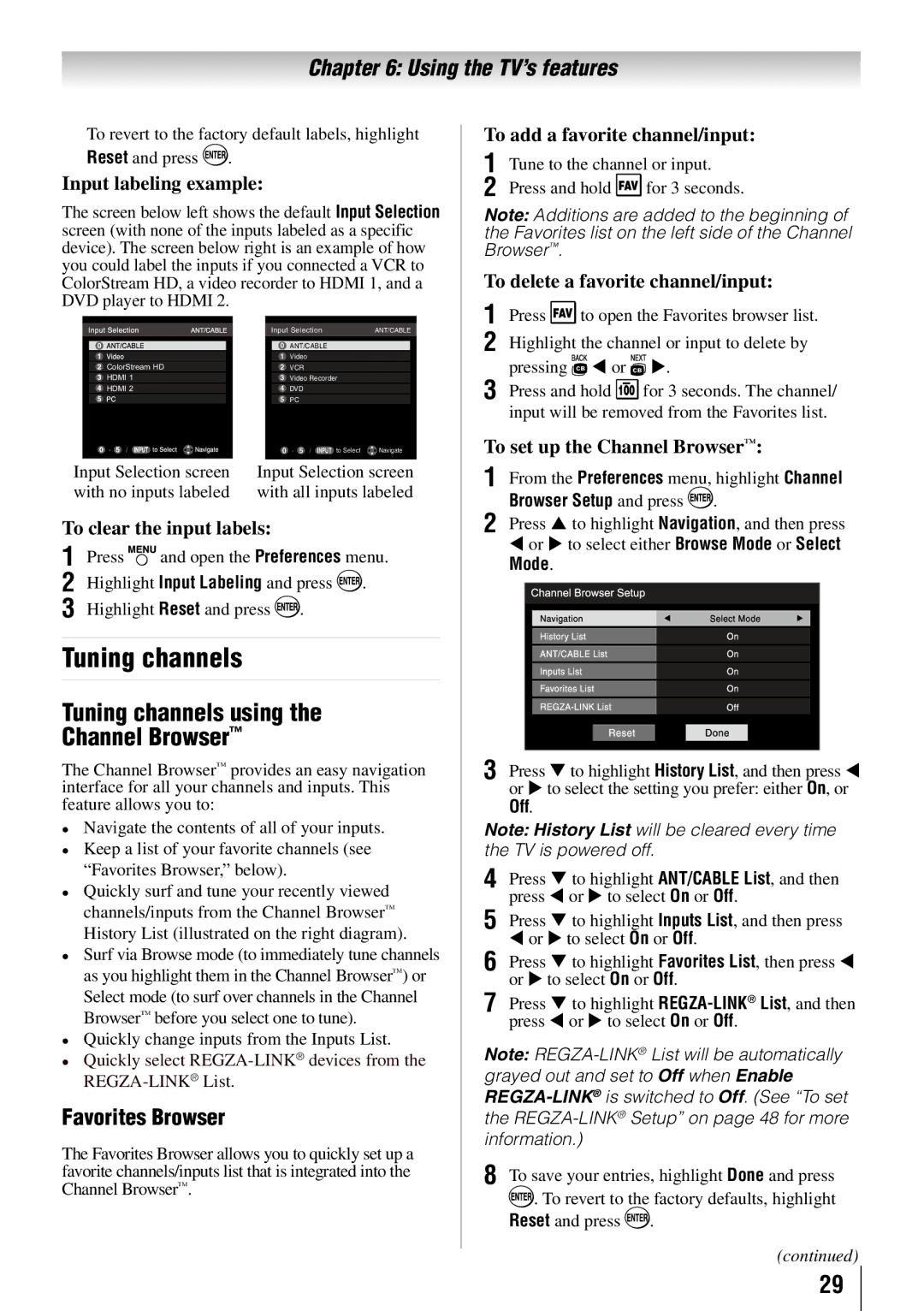 Toshiba 32FT2U owner manual Tuning channels using Channel Browser, Favorites Browser 