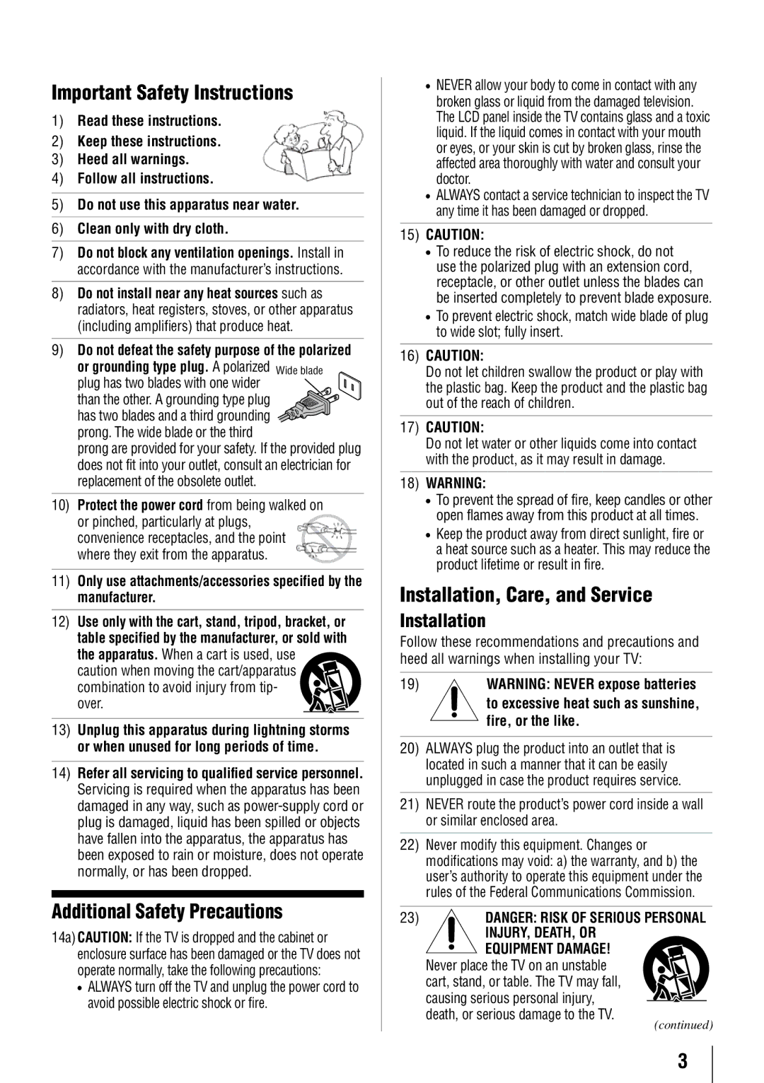 Toshiba 32FT2U owner manual Important Safety Instructions, Additional Safety Precautions, Installation, Care, and Service 