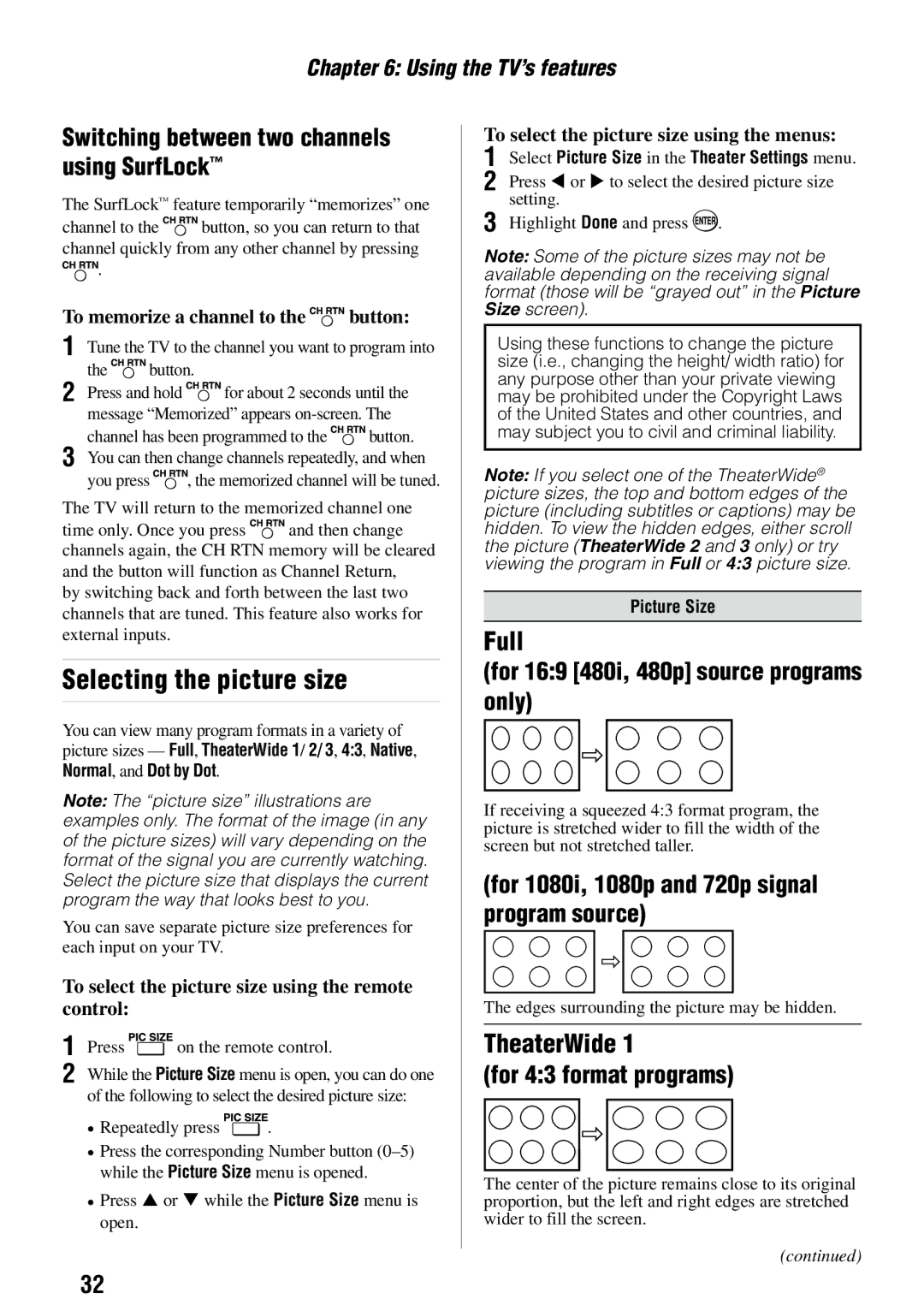 Toshiba 32FT2U owner manual Selecting the picture size, Switching between two channels using SurfLock 