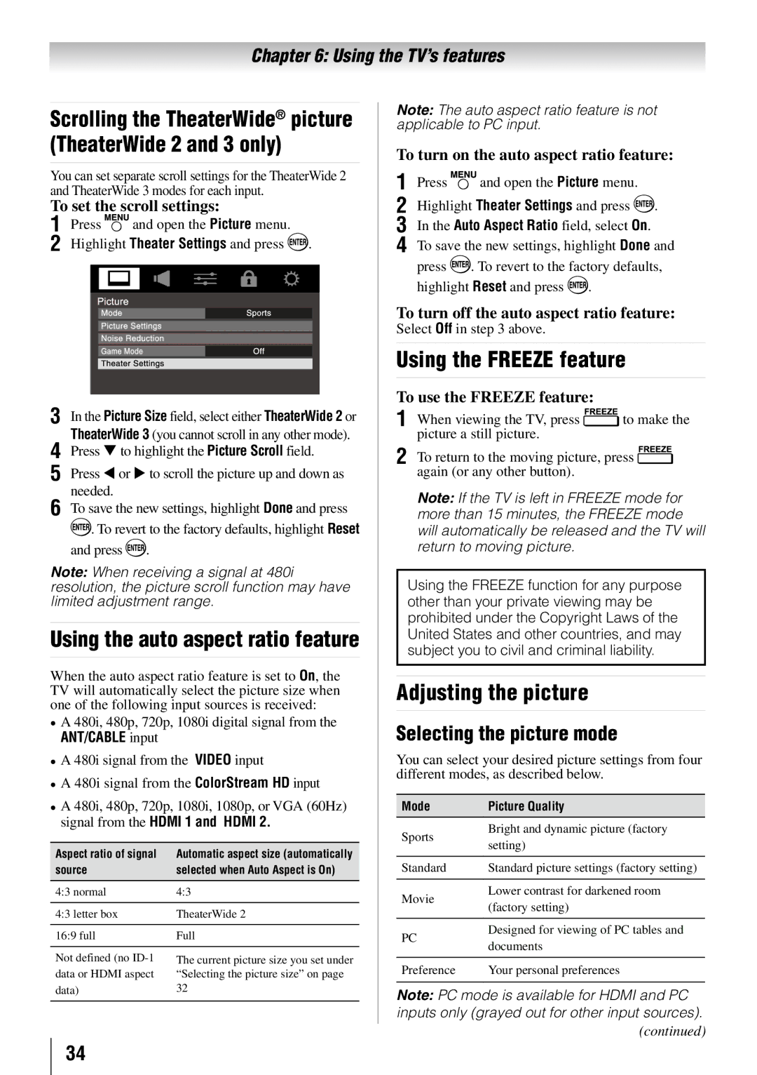 Toshiba 32FT2U owner manual Using the Freeze feature, Adjusting the picture, Using the auto aspect ratio feature 