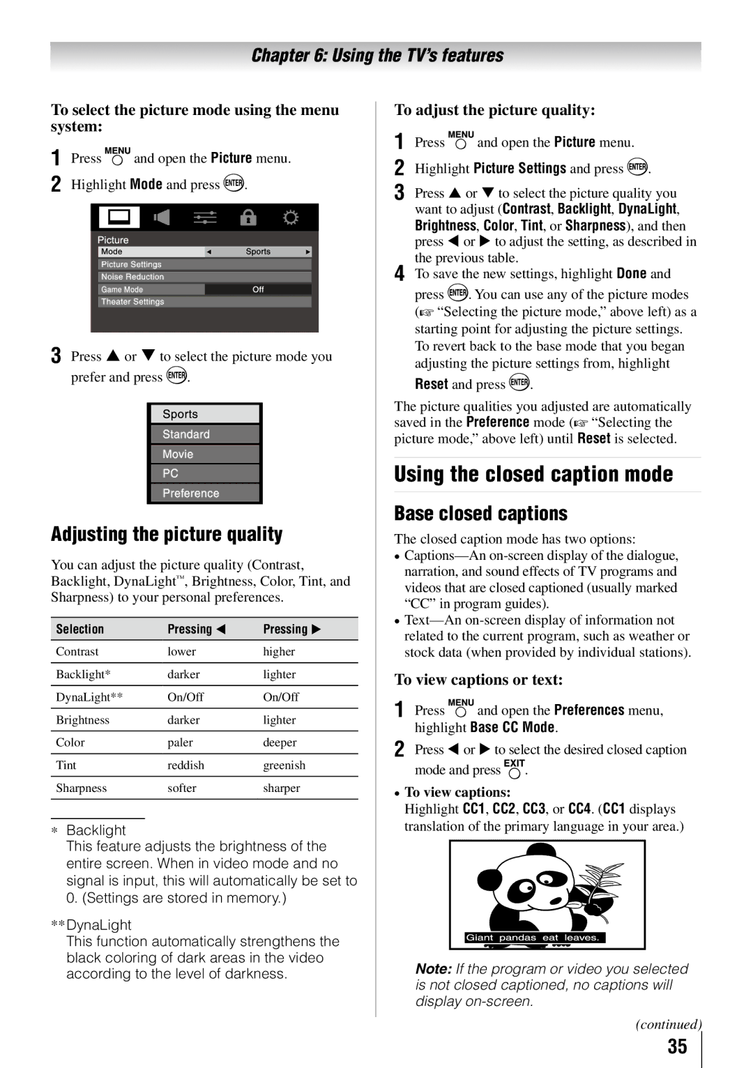 Toshiba 32FT2U owner manual Using the closed caption mode, Adjusting the picture quality, Base closed captions 