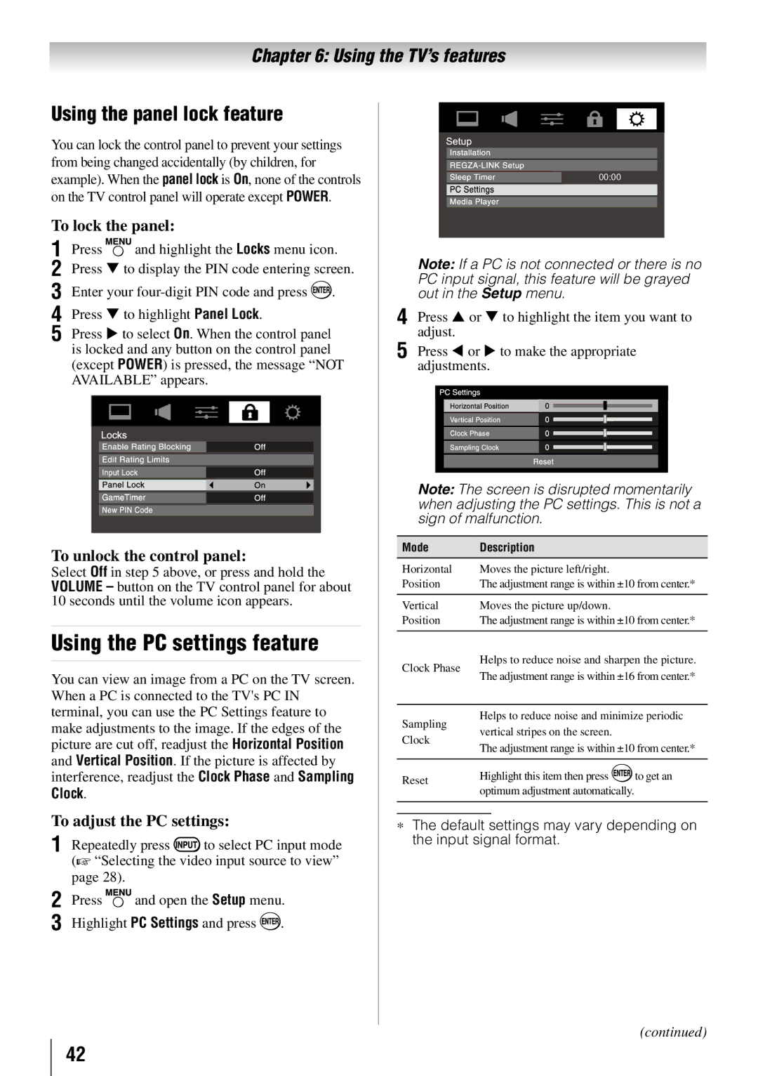 Toshiba 32FT2U Using the PC settings feature, Using the panel lock feature, To lock the panel, To unlock the control panel 