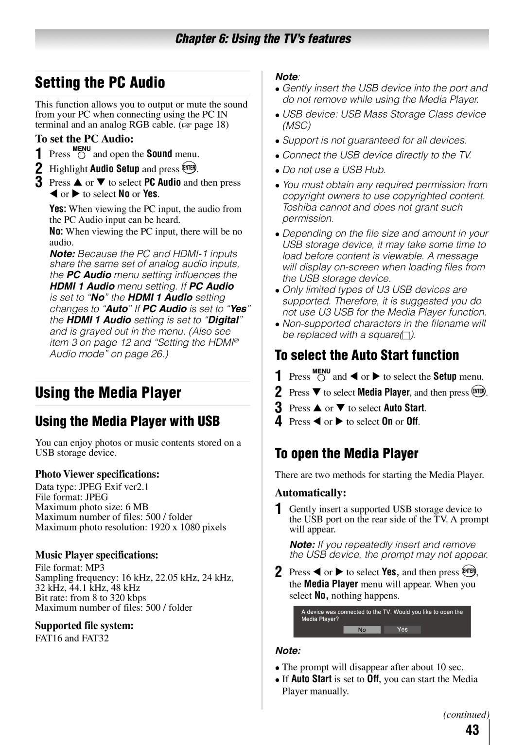 Toshiba 32FT2U owner manual Setting the PC Audio, Using the Media Player with USB, To select the Auto Start function 