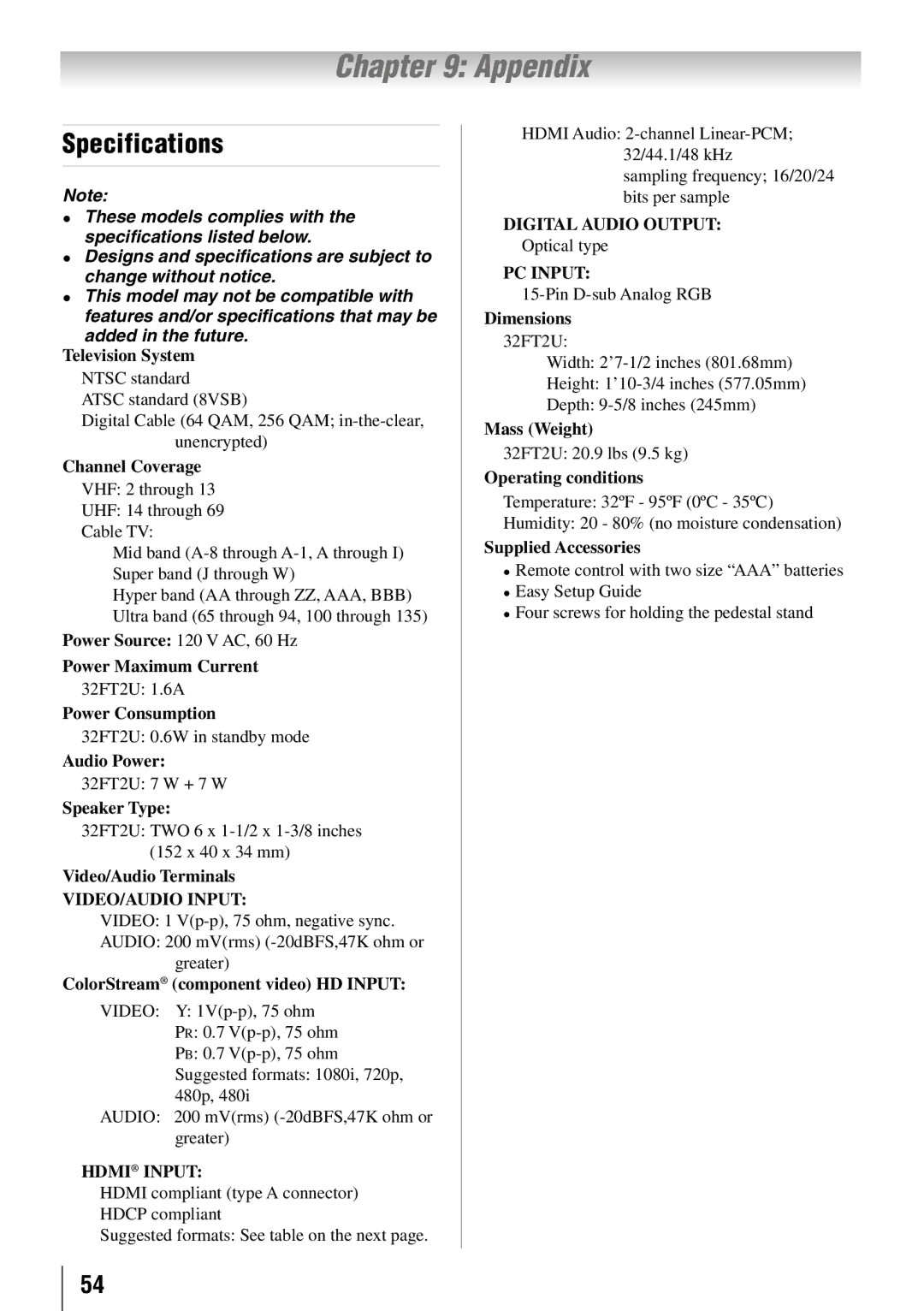 Toshiba 32FT2U owner manual Appendix, Specifications 