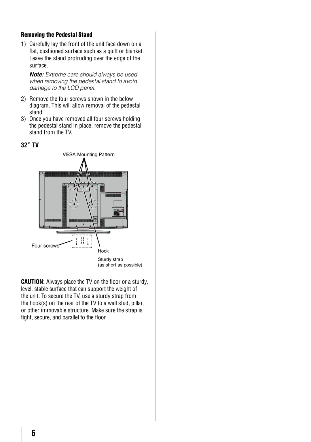 Toshiba 32FT2U owner manual Removing the Pedestal Stand, 32 TV 