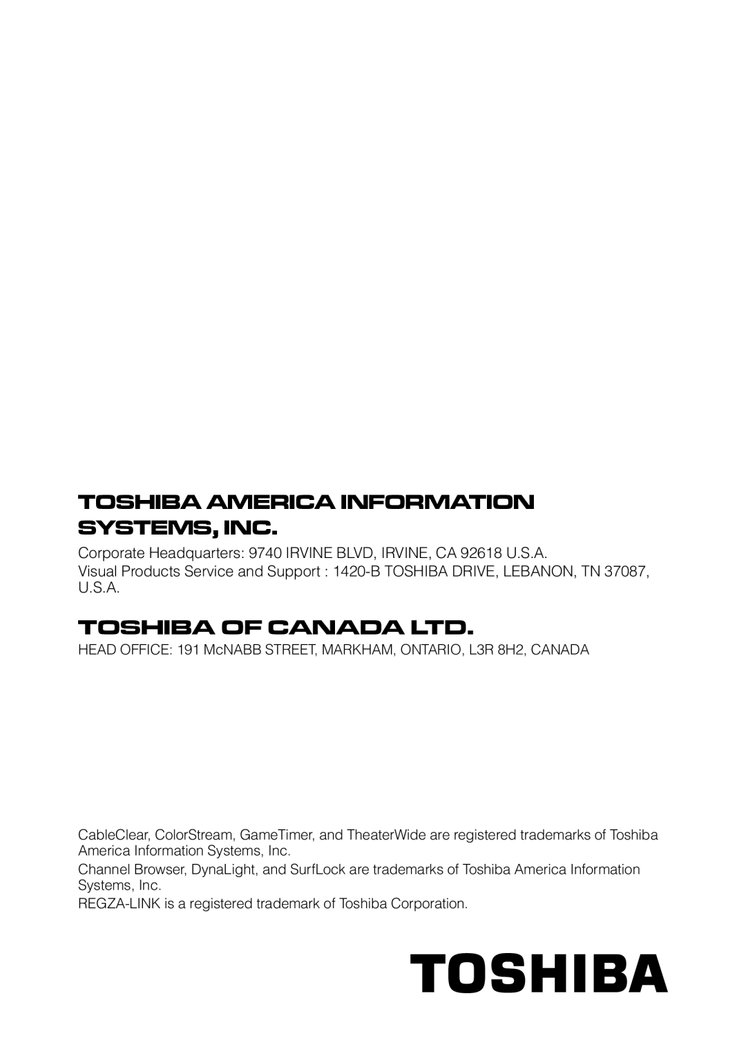 Toshiba 32FT2U owner manual Toshiba America Information SYSTEMS, INC 