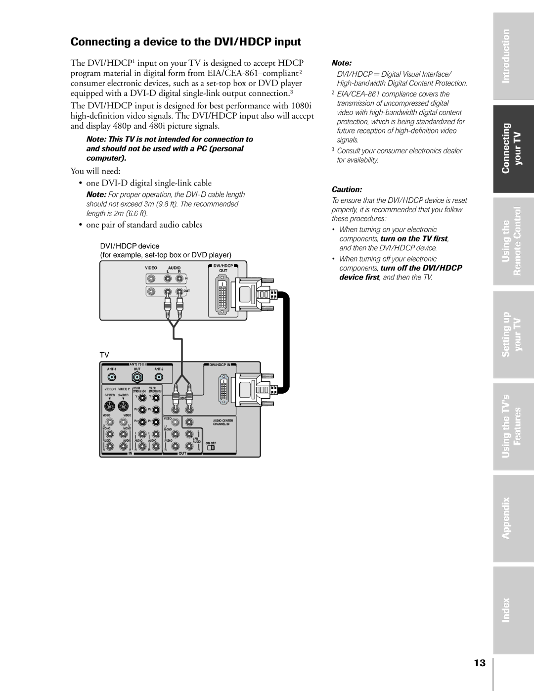 Toshiba 36HF73, 32HF73 Connecting a device to the DVI/HDCP input, DVI/HDCP device For example, set-top box or DVD player 