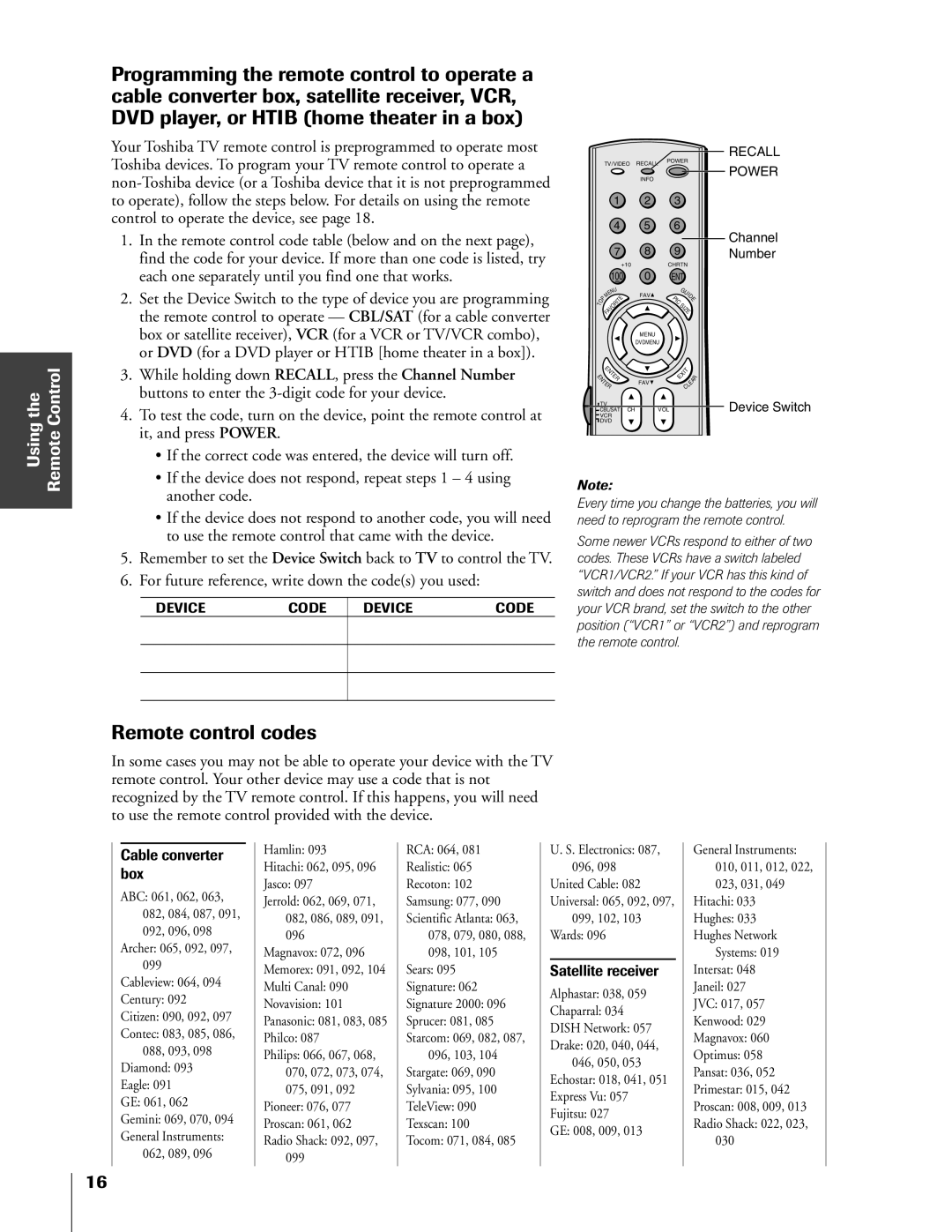 Toshiba 32HF73, 36HF73 Remote control codes, Using the Remote Control, For future reference, write down the codes you used 