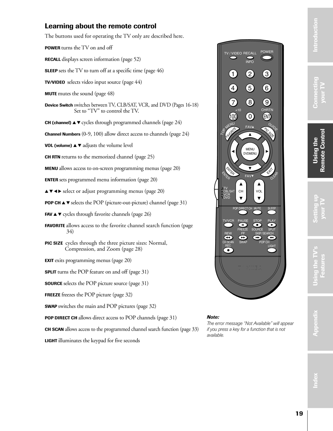 Toshiba 36HF73 Learning about the remote control, Connecting YourTV Control, CH RTN returns to the memorized channel 