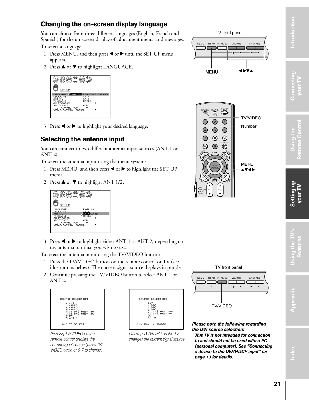 Toshiba 36HF73, 32HF73 owner manual Changing the on-screen display language, Selecting the antenna input 