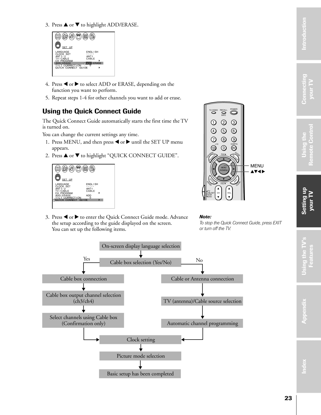 Toshiba 36HF73, 32HF73 Using the Quick Connect Guide, Connecting yourTV, Usingthe RemoteControl, Settingup YourTV TVÕs 