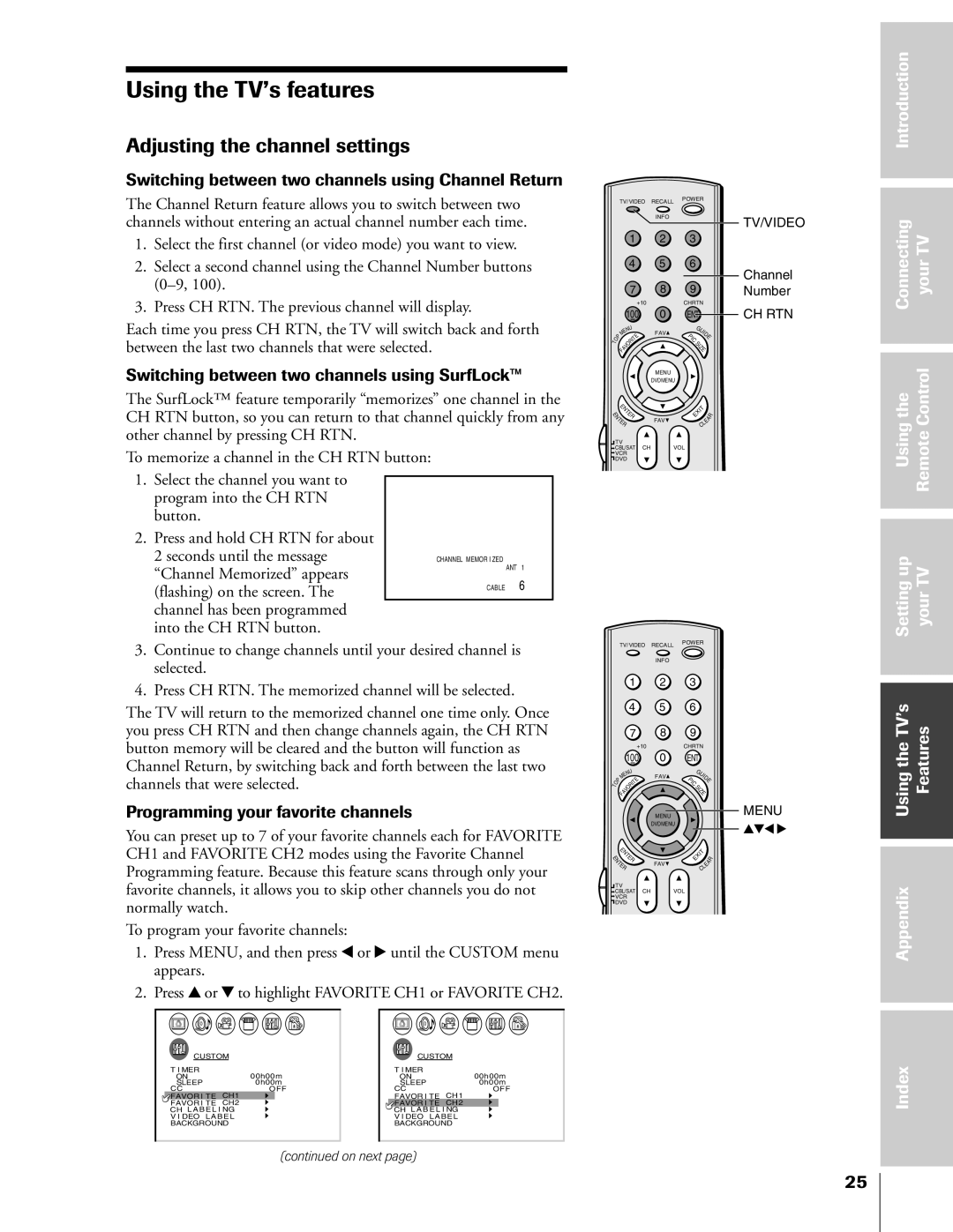 Toshiba 36HF73, 32HF73 owner manual Adjusting the channel settings, Switching between two channels using Channel Return 