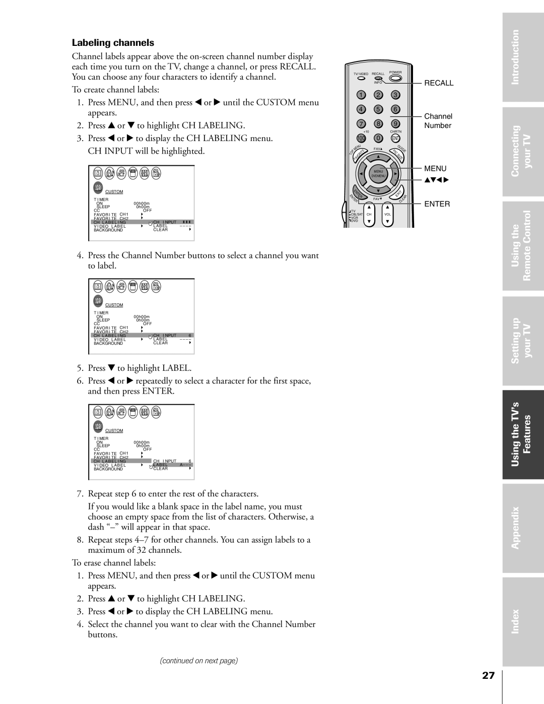 Toshiba 36HF73, 32HF73 owner manual Labeling channels, Channel Number 