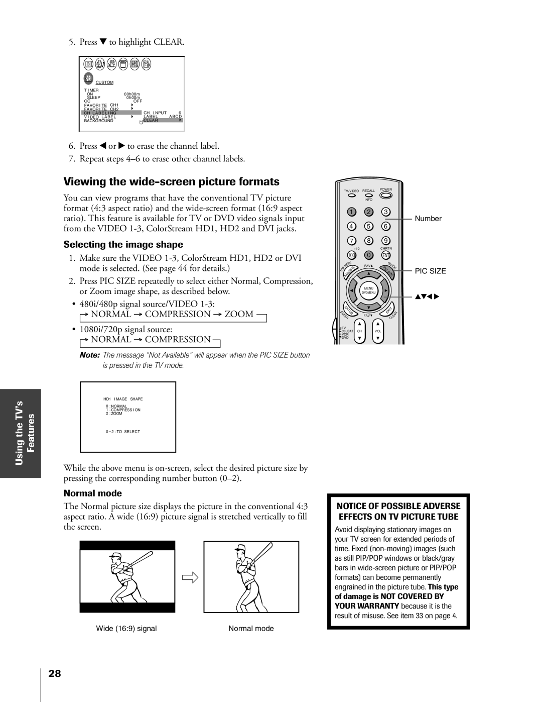 Toshiba 32HF73, 36HF73 owner manual Viewing the wide-screen picture formats, Selecting the image shape 