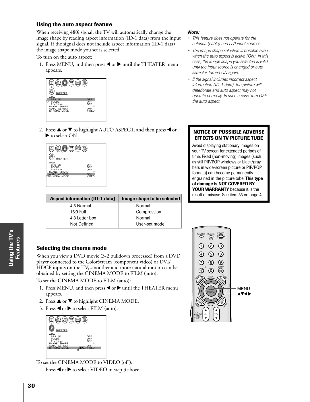 Toshiba 32HF73, 36HF73 owner manual Using the auto aspect feature, Selecting the cinema mode 