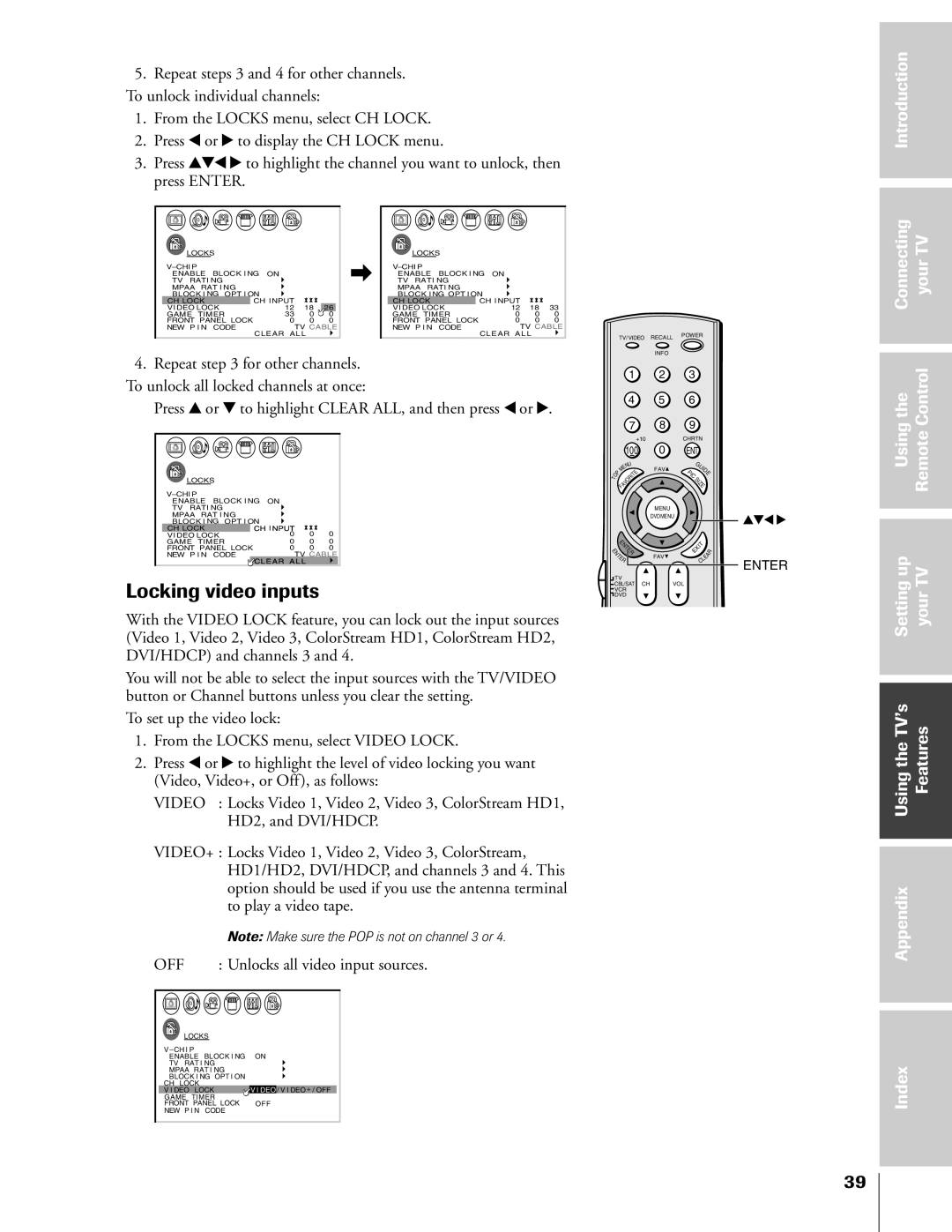 Toshiba 36HF73, 32HF73 owner manual Locking video inputs, Press y or z to highlight Clear ALL, and then press x or 