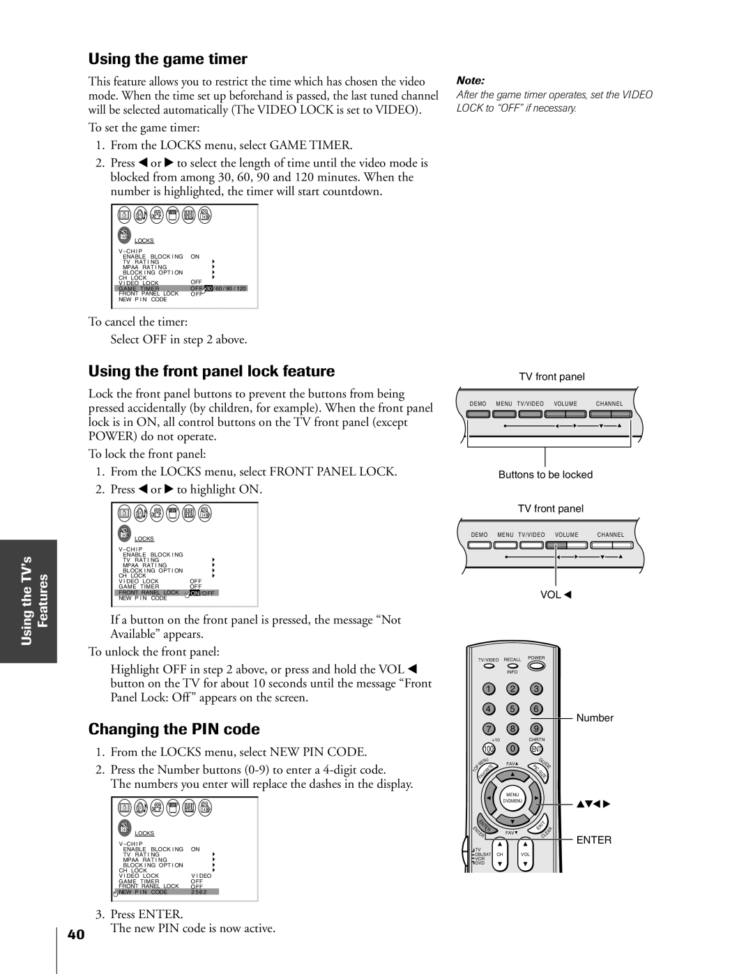 Toshiba 32HF73, 36HF73 owner manual Using the game timer, Using the front panel lock feature, Changing the PIN code 