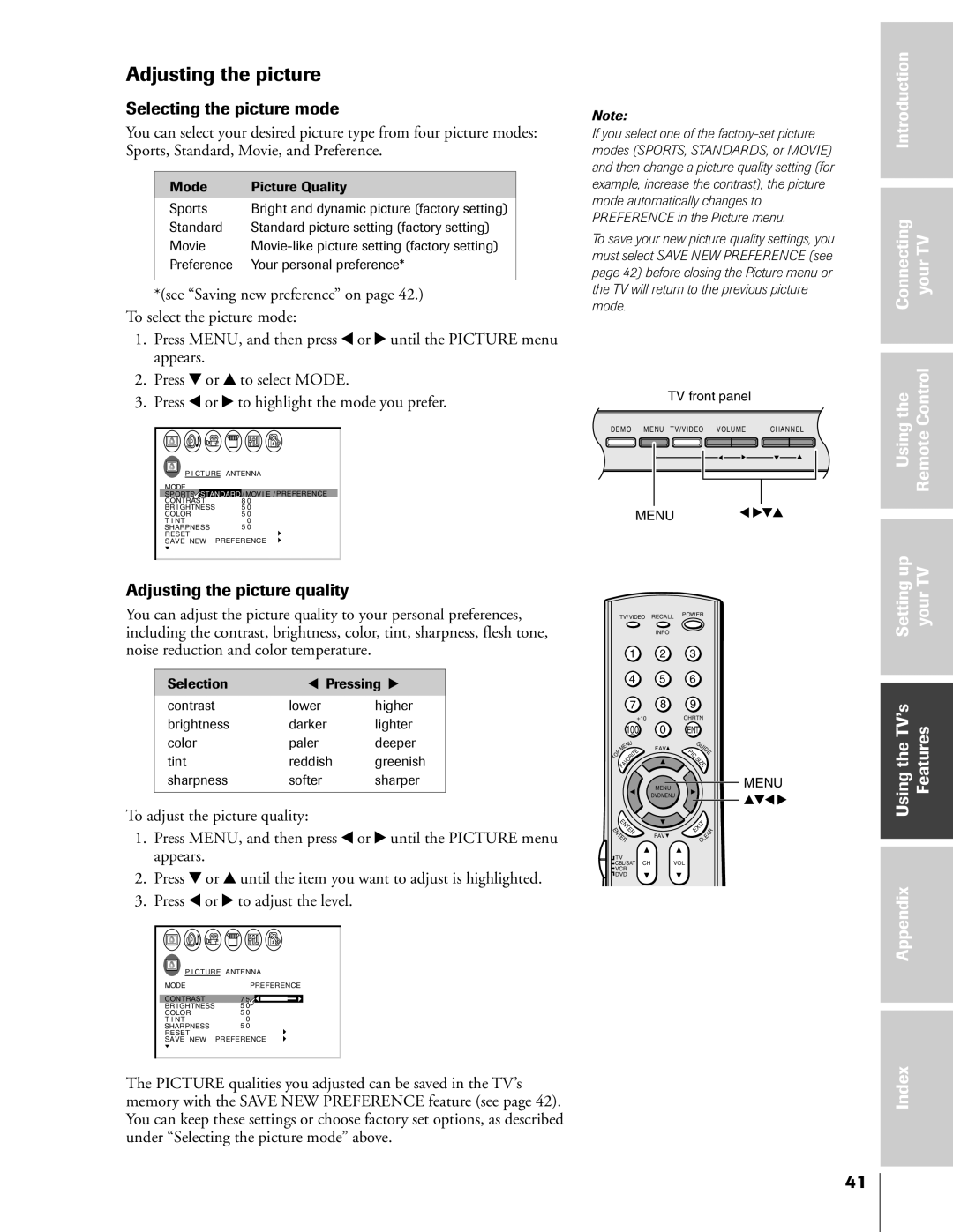 Toshiba 36HF73, 32HF73 owner manual Selecting the picture mode, Adjusting the picture quality 