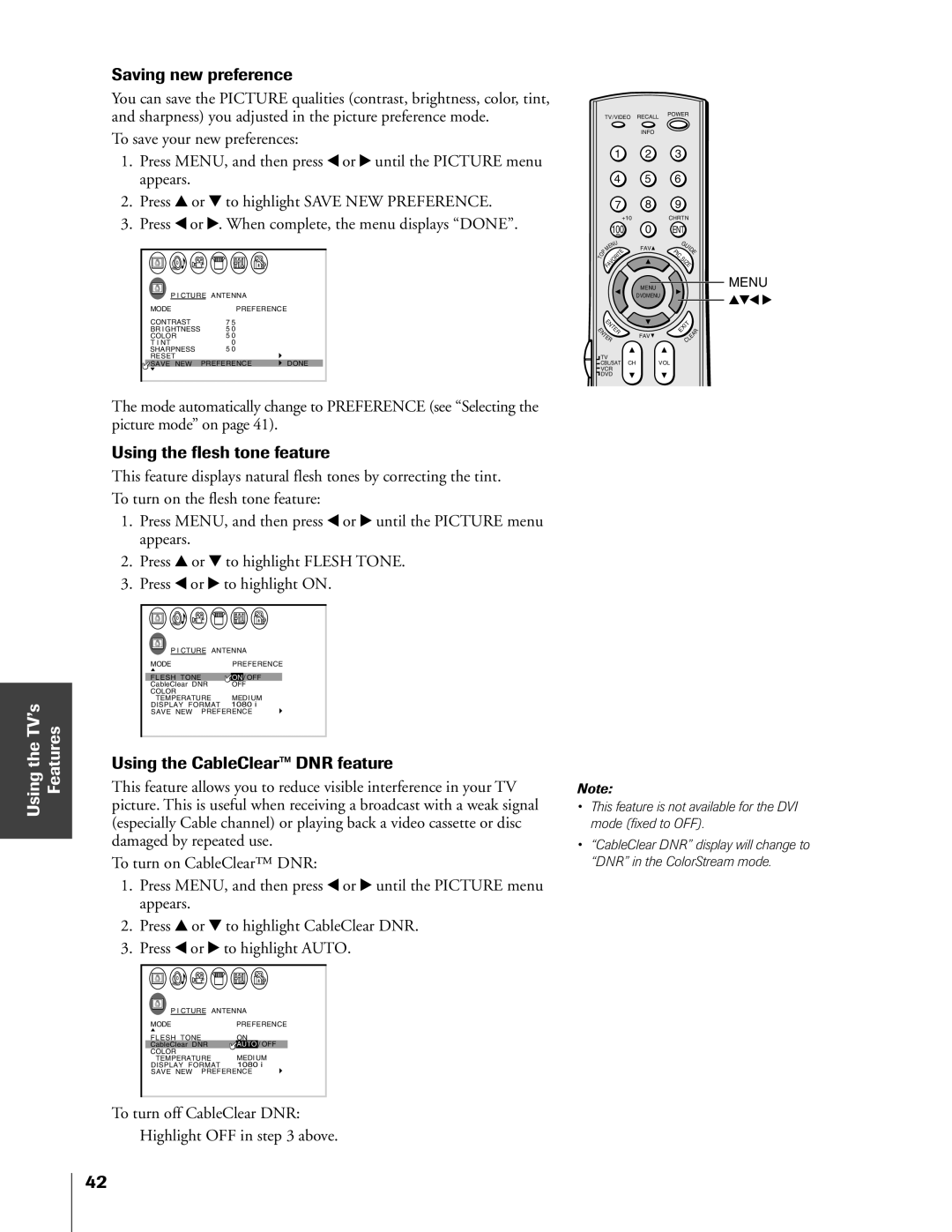 Toshiba 32HF73, 36HF73 owner manual Saving new preference, Using the flesh tone feature, Using the CableClearª DNR feature 