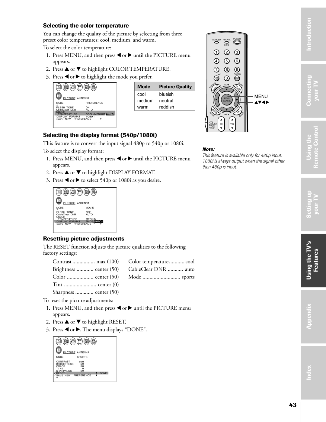 Toshiba 36HF73 Selecting the color temperature, Selecting the display format 540p/1080i, Resetting picture adjustments 