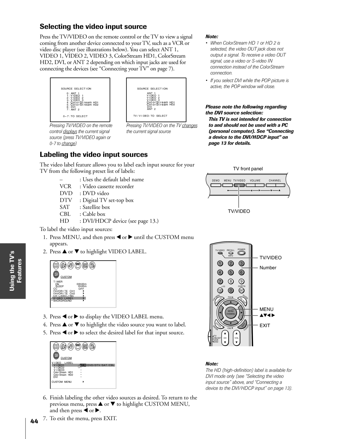 Toshiba 32HF73, 36HF73 owner manual Selecting the video input source, Labeling the video input sources 