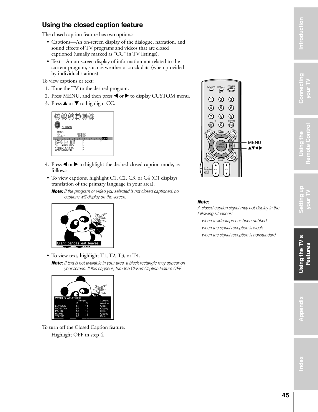 Toshiba 36HF73, 32HF73 owner manual Using the closed caption feature, ¥ To view text, highlight T1, T2, T3, or T4 