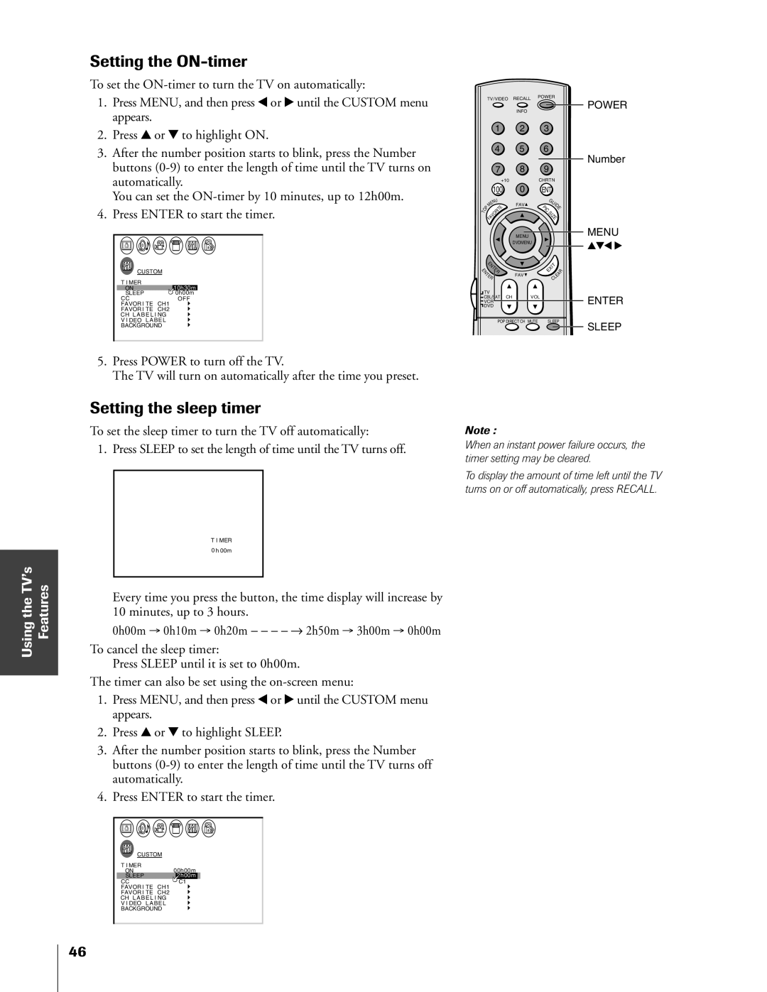 Toshiba 32HF73, 36HF73 owner manual Setting the ON-timer, Setting the sleep timer 