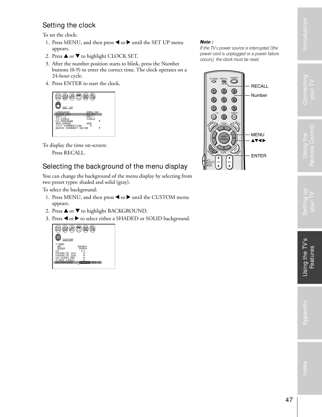 Toshiba 36HF73, 32HF73 owner manual Setting the clock, Selecting the background of the menu display, UsingtheTVÕs Features 