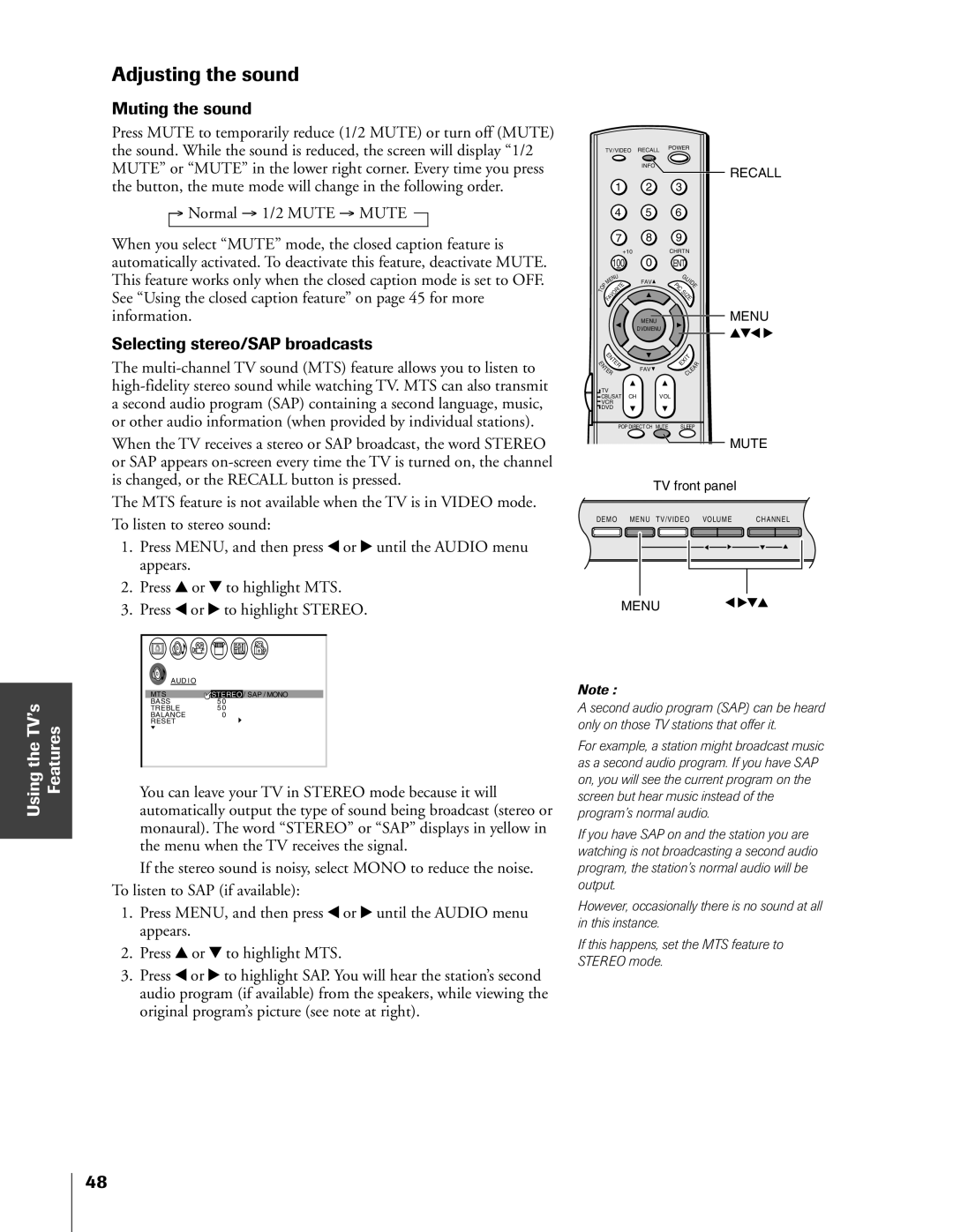 Toshiba 32HF73, 36HF73 owner manual Adjusting the sound, Muting the sound, Selecting stereo/SAP broadcasts 