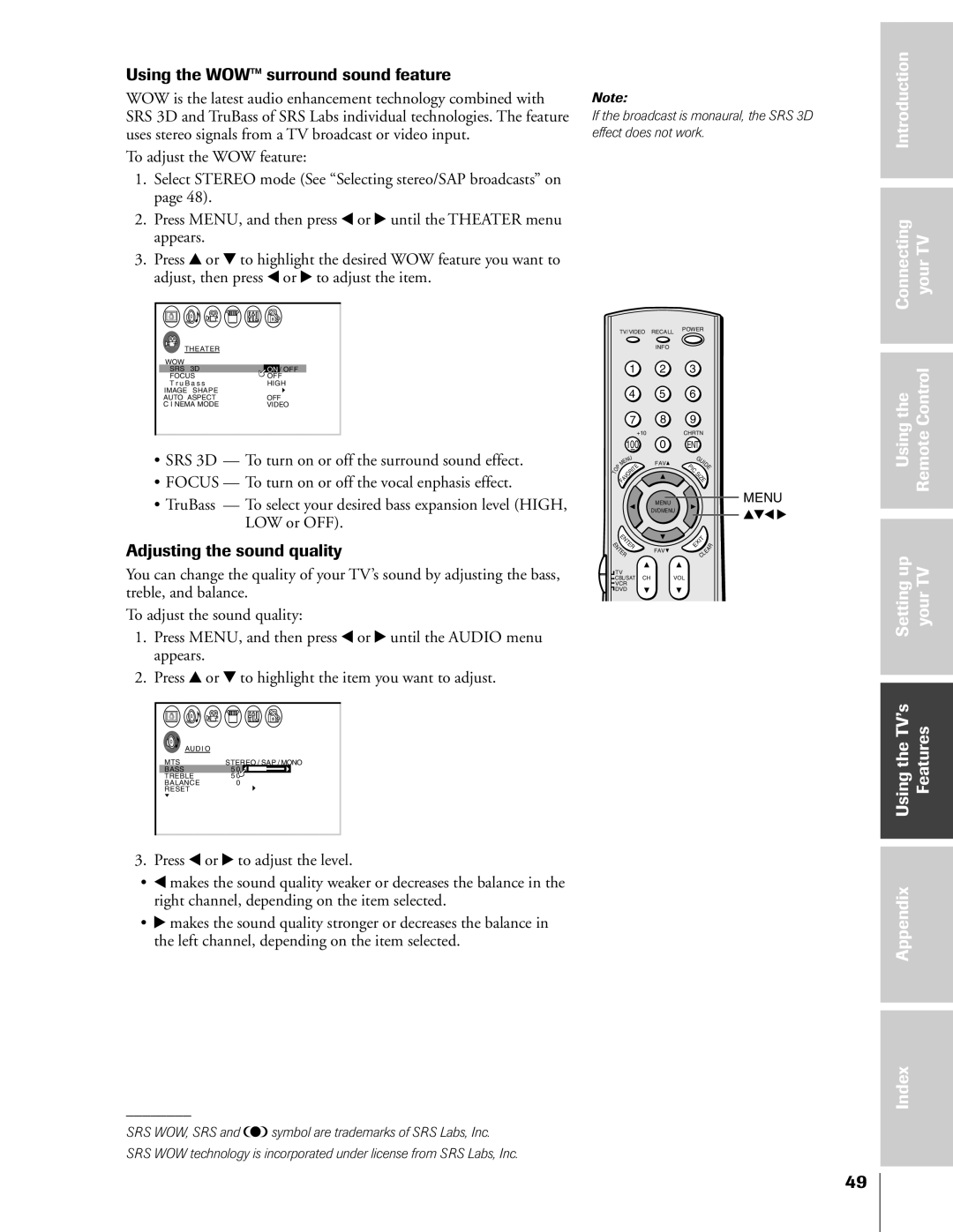 Toshiba 36HF73, 32HF73 Using the WOWª surround sound feature, Introduction Connecting YourTV, Adjusting the sound quality 