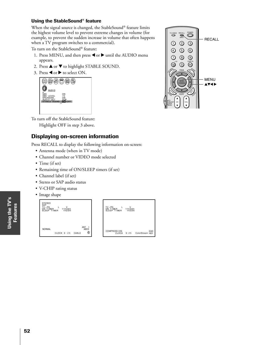 Toshiba 32HF73, 36HF73 owner manual Displaying on-screen information, Using the StableSound¨ feature 