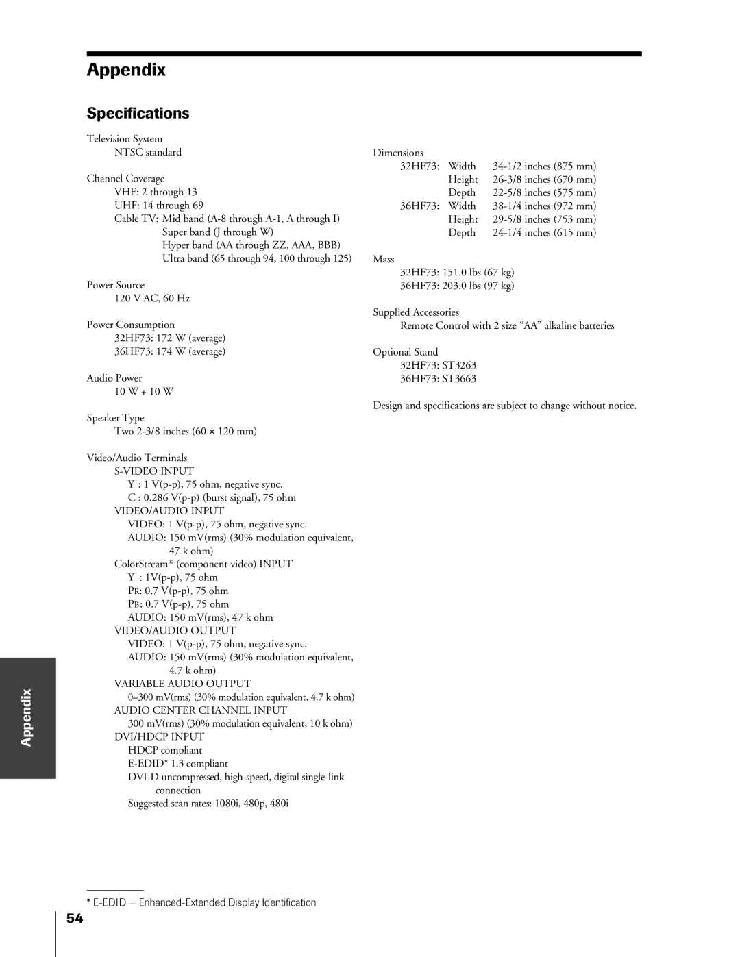 Toshiba 32HF73, 36HF73 owner manual Appendix, Specifications 