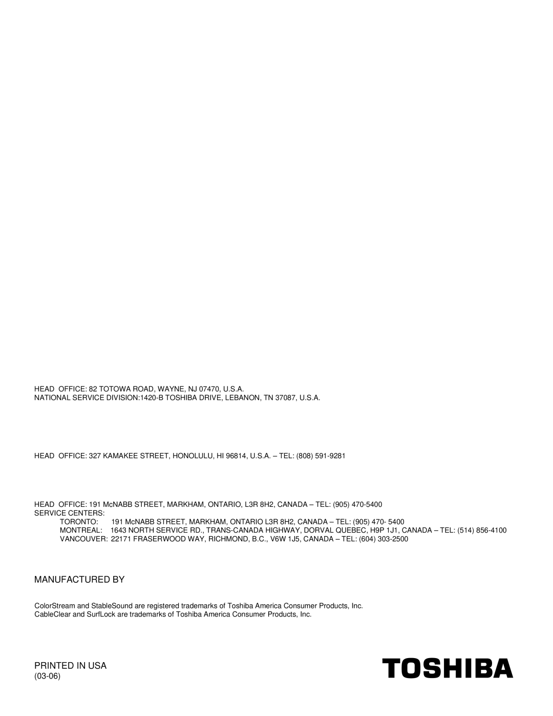 Toshiba 36HF73, 32HF73 owner manual Manufactured by 