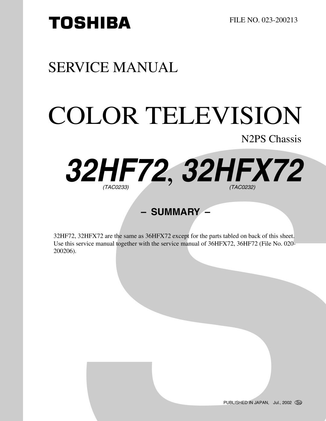 Toshiba service manual 32HF72, 32HFX72 