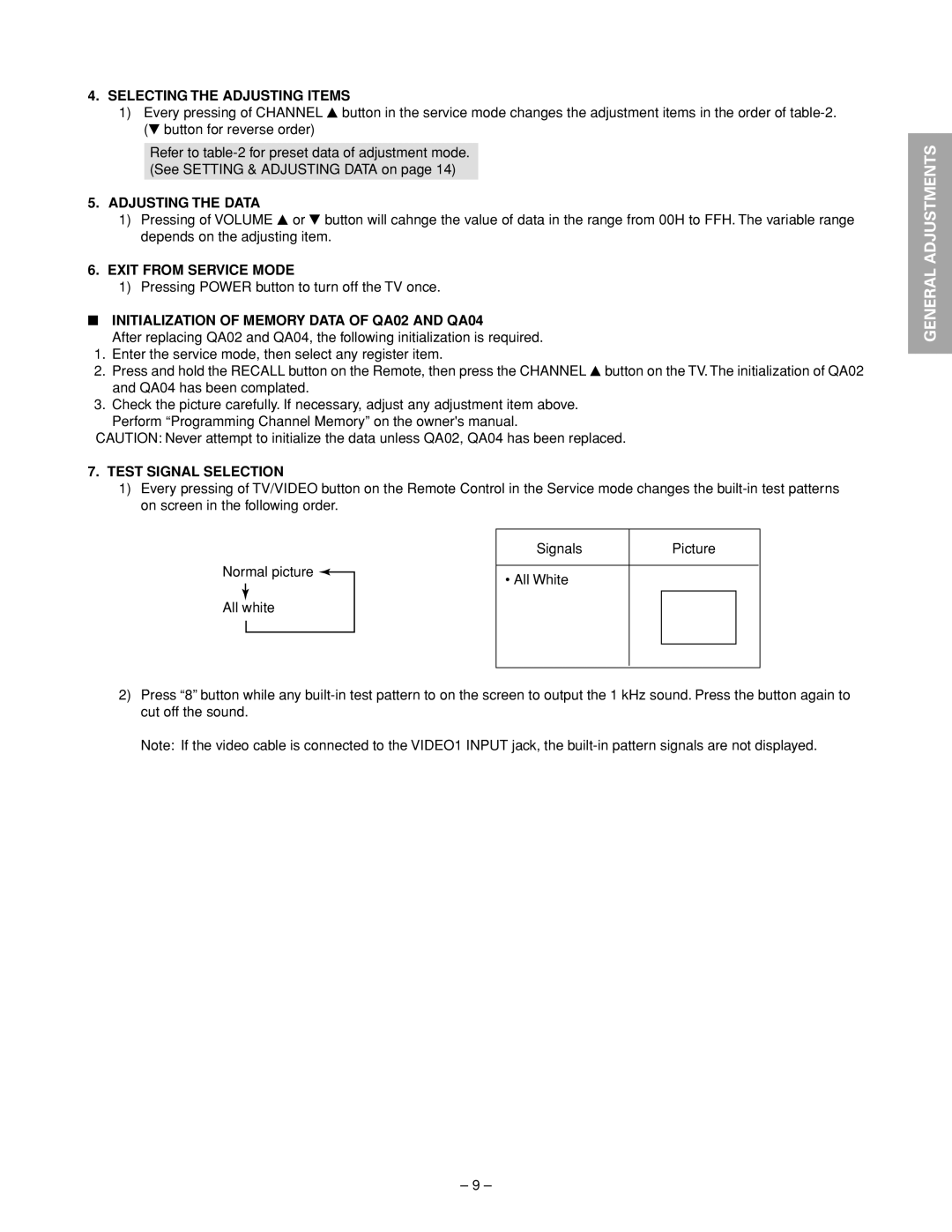 Toshiba 32HFX72 Selecting the Adjusting Items, Adjusting the Data, Exit from Service Mode, Test Signal Selection 