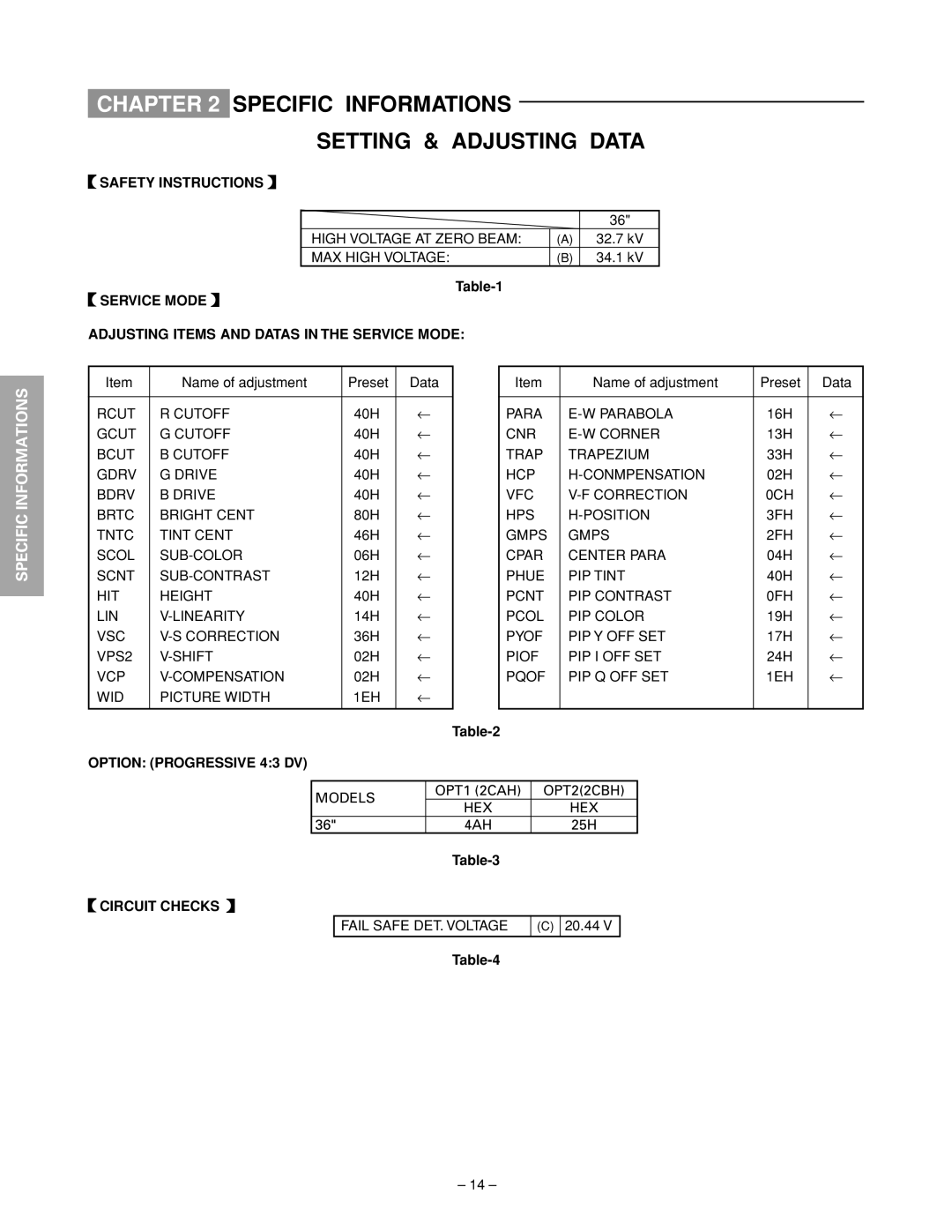 Toshiba 32HFX72 Specific Informations Setting & Adjusting Data, Safety Instructions, Option Progressive 43 DV 