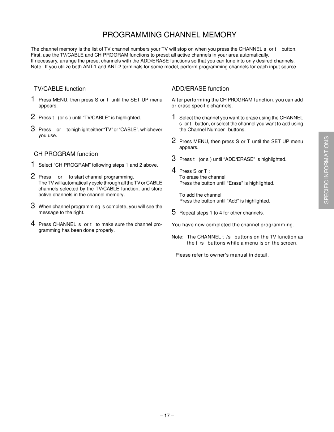 Toshiba 32HFX72 service manual Programming Channel Memory, TV/CABLE function 