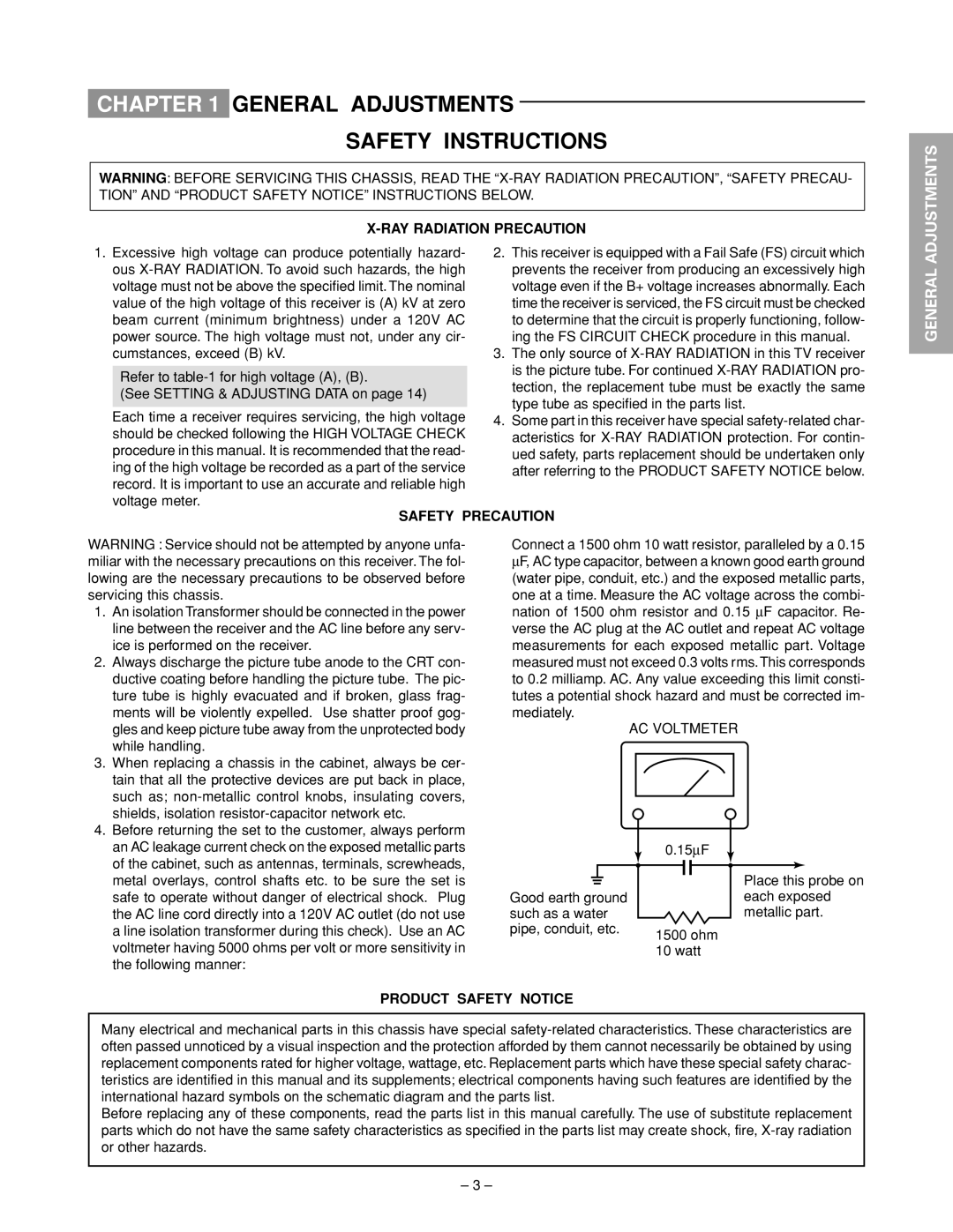 Toshiba 32HFX72 General Adjustments Safety Instructions, RAY Radiation Precaution, Safety Precaution, AC Voltmeter 