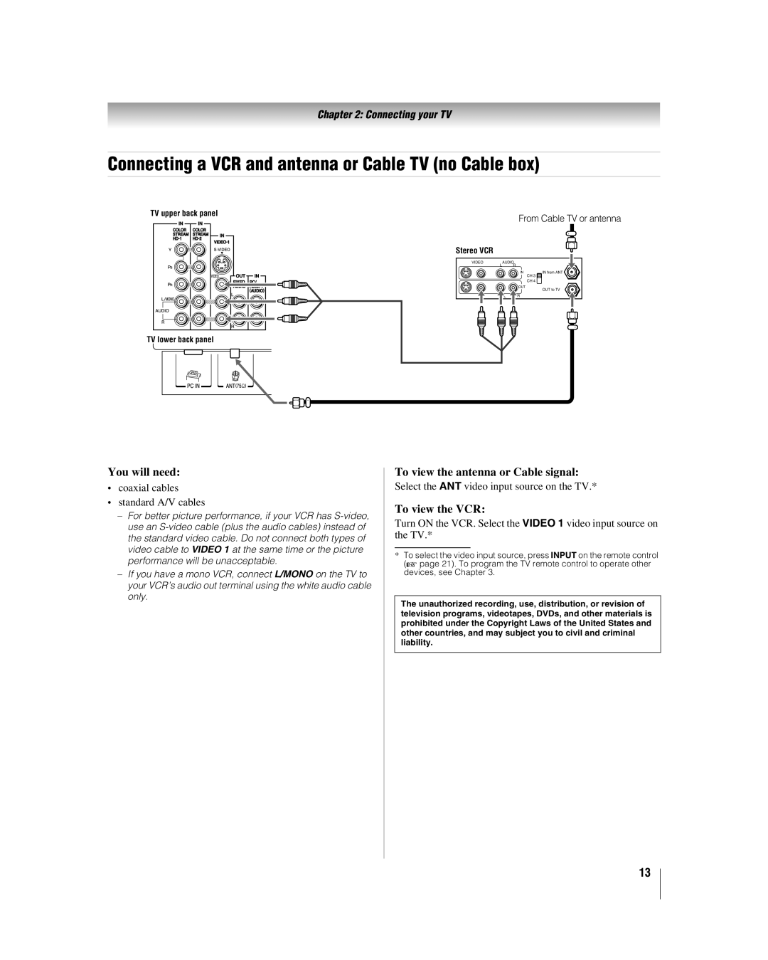 Toshiba 32HL17 Connecting a VCR and antenna or Cable TV no Cable box, You will need, To view the antenna or Cable signal 