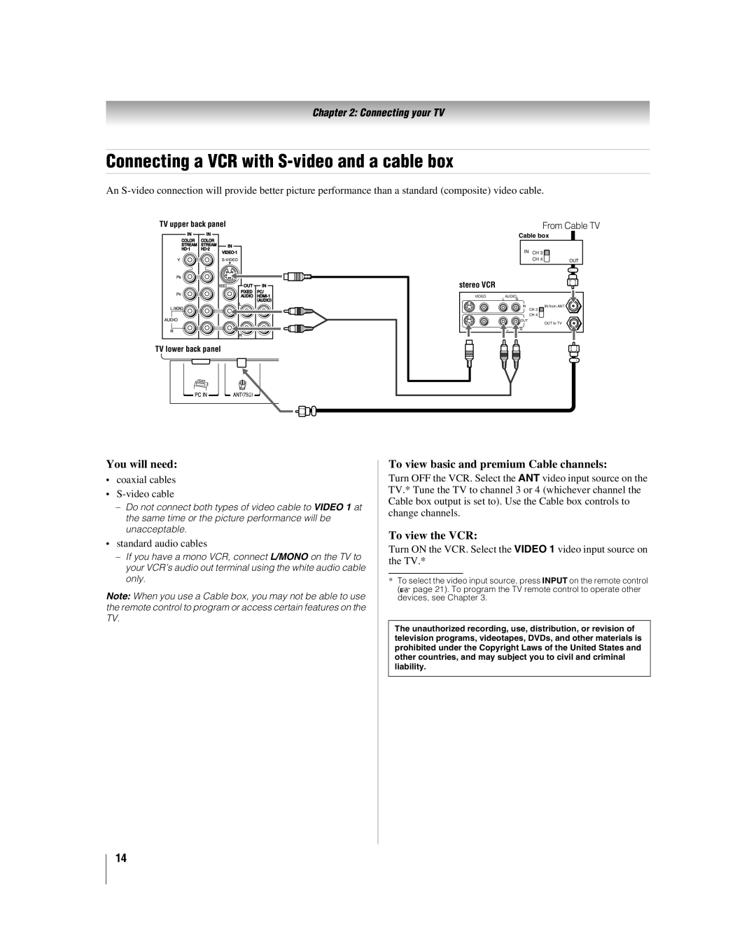 Toshiba 32HL17 manual Connecting a VCR with S-video and a cable box, To view basic and premium Cable channels 