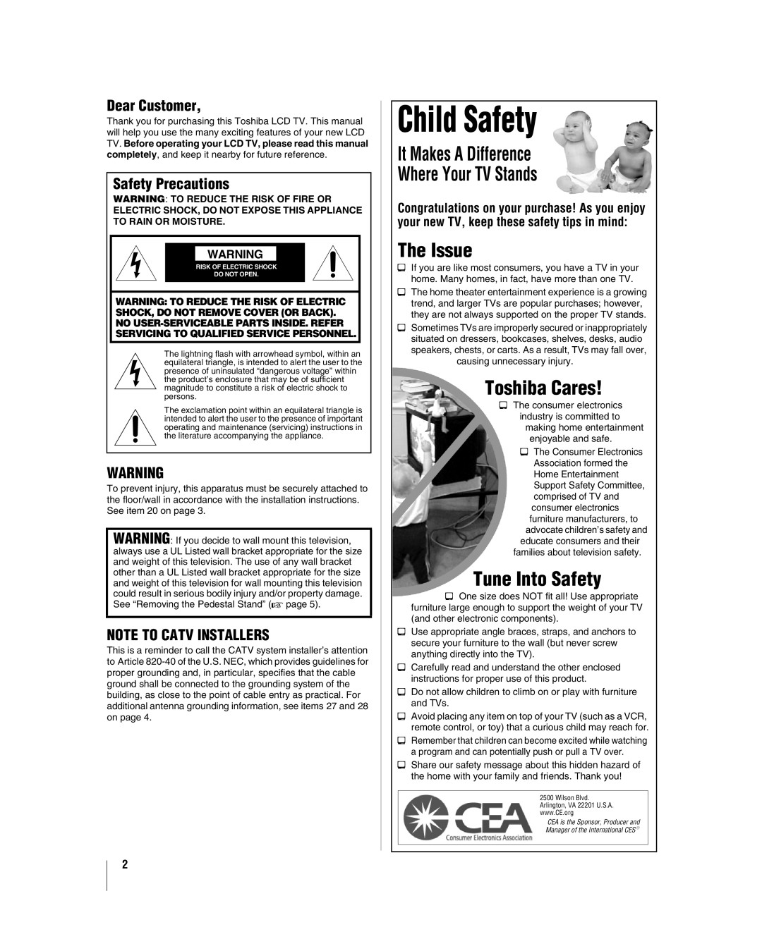 Toshiba 32HL17 manual Dear Customer, Safety Precautions 