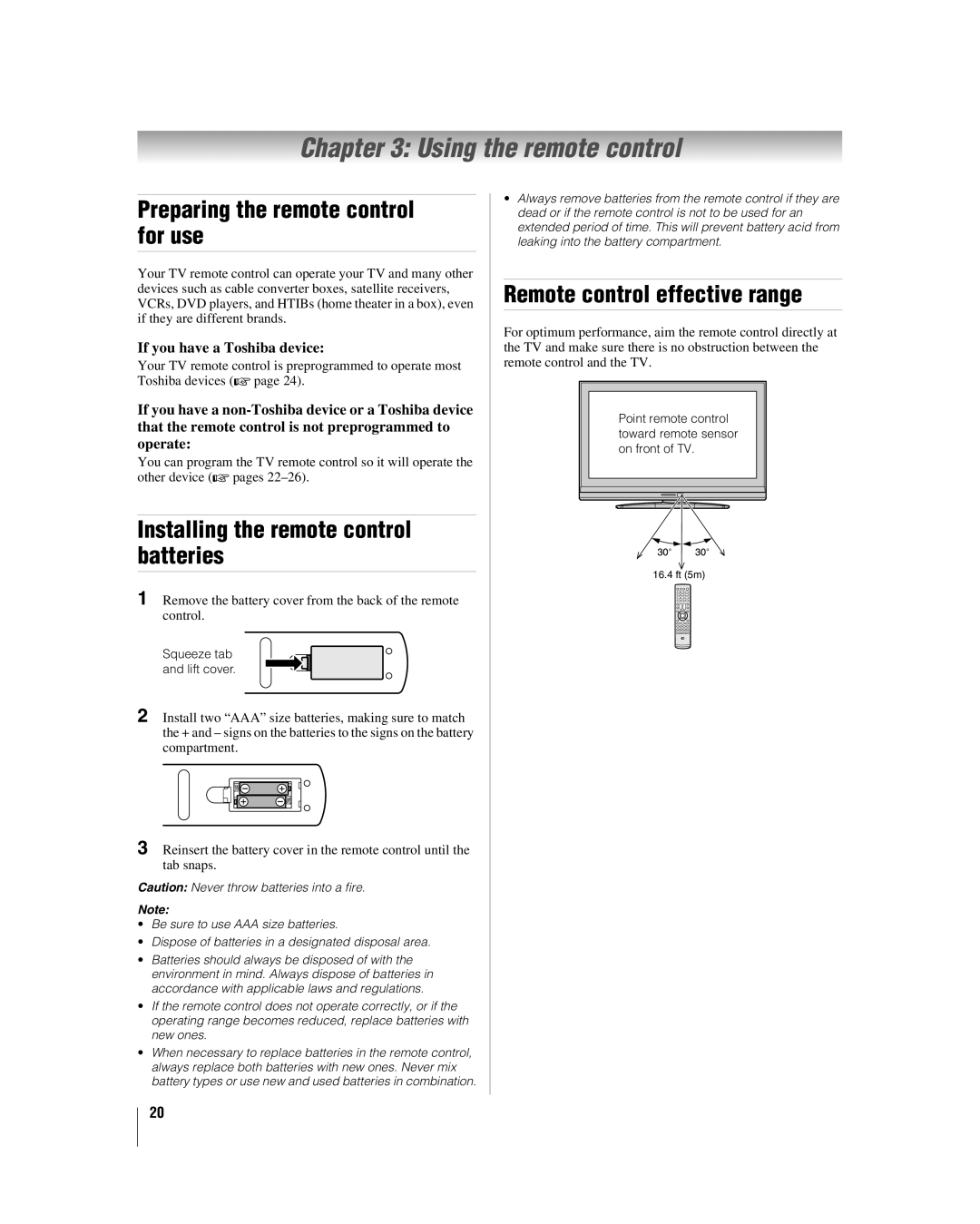 Toshiba 32HL17 Using the remote control, Preparing the remote control for use, Installing the remote control batteries 