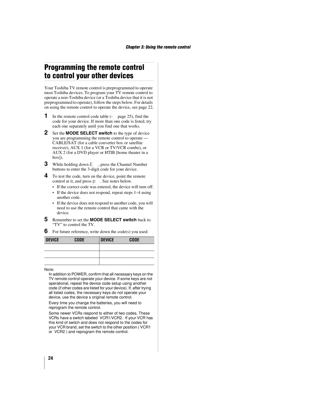 Toshiba 32HL17 manual Programming the remote control to control your other devices 