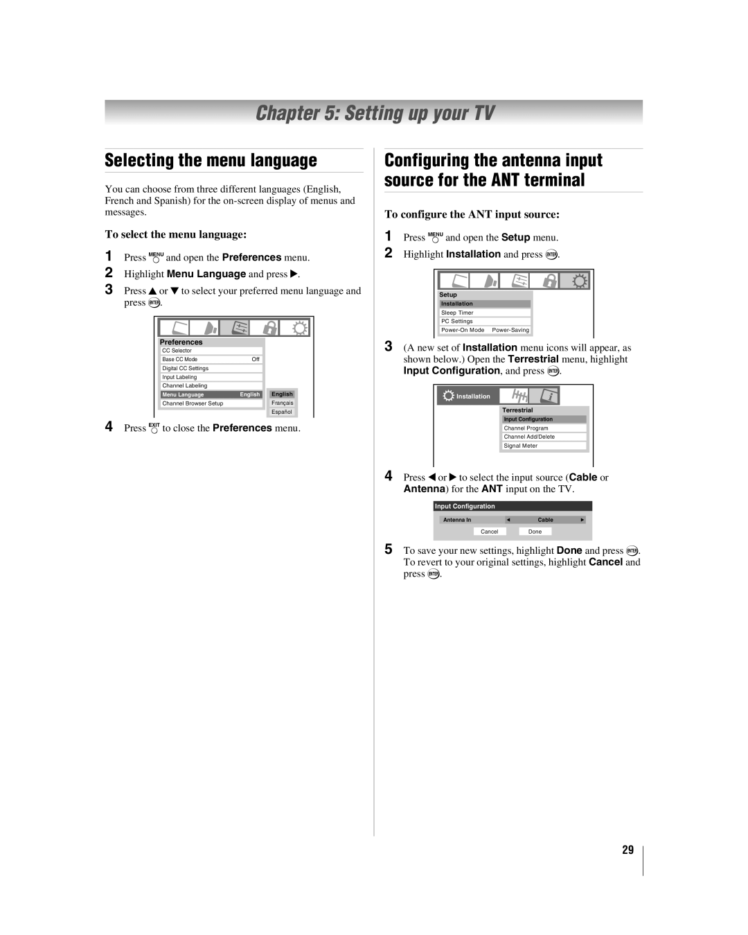 Toshiba 32HL17 manual Setting up your TV, Selecting the menu language, To select the menu language 