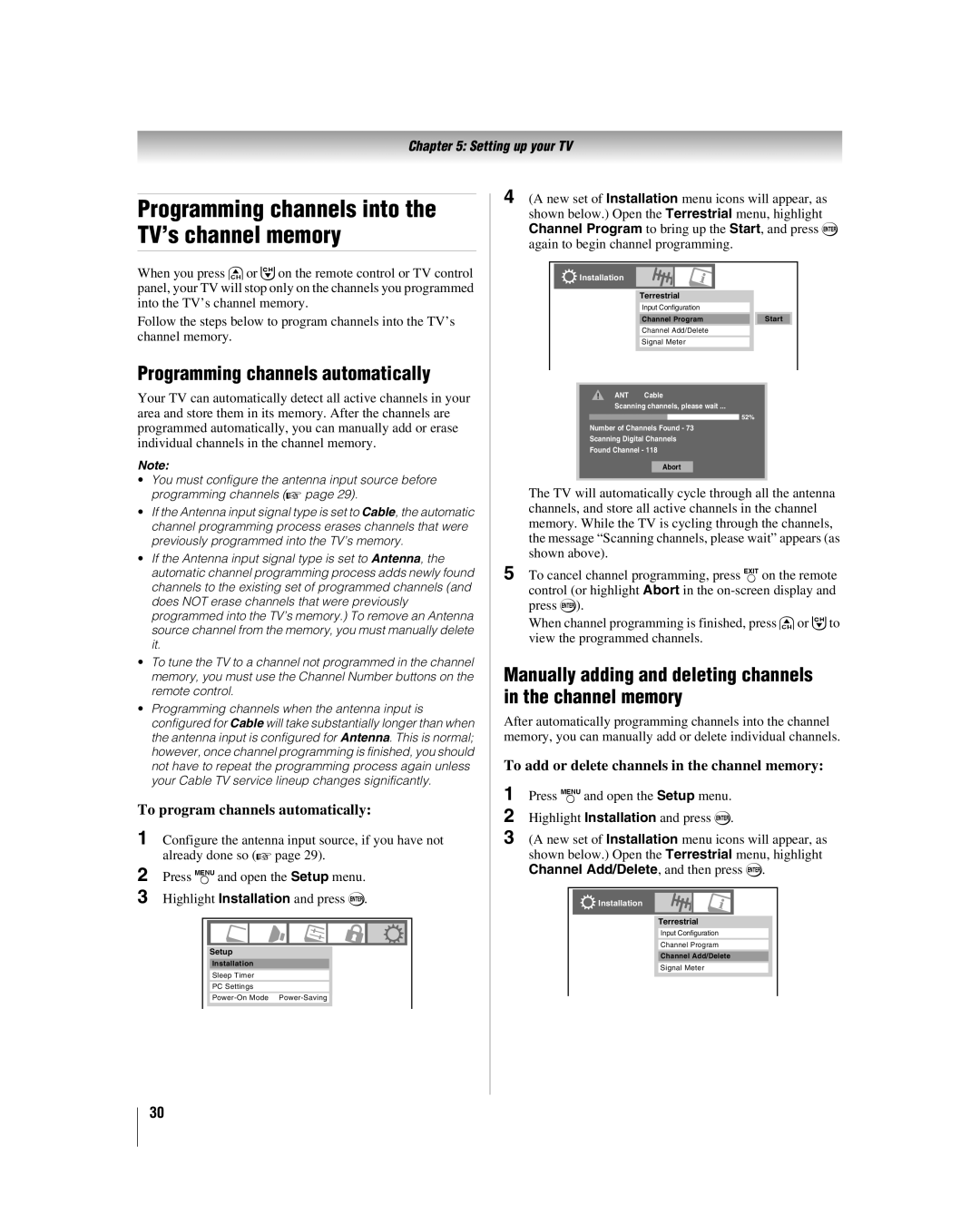 Toshiba 32HL17 manual Programming channels automatically, Manually adding and deleting channels in the channel memory 