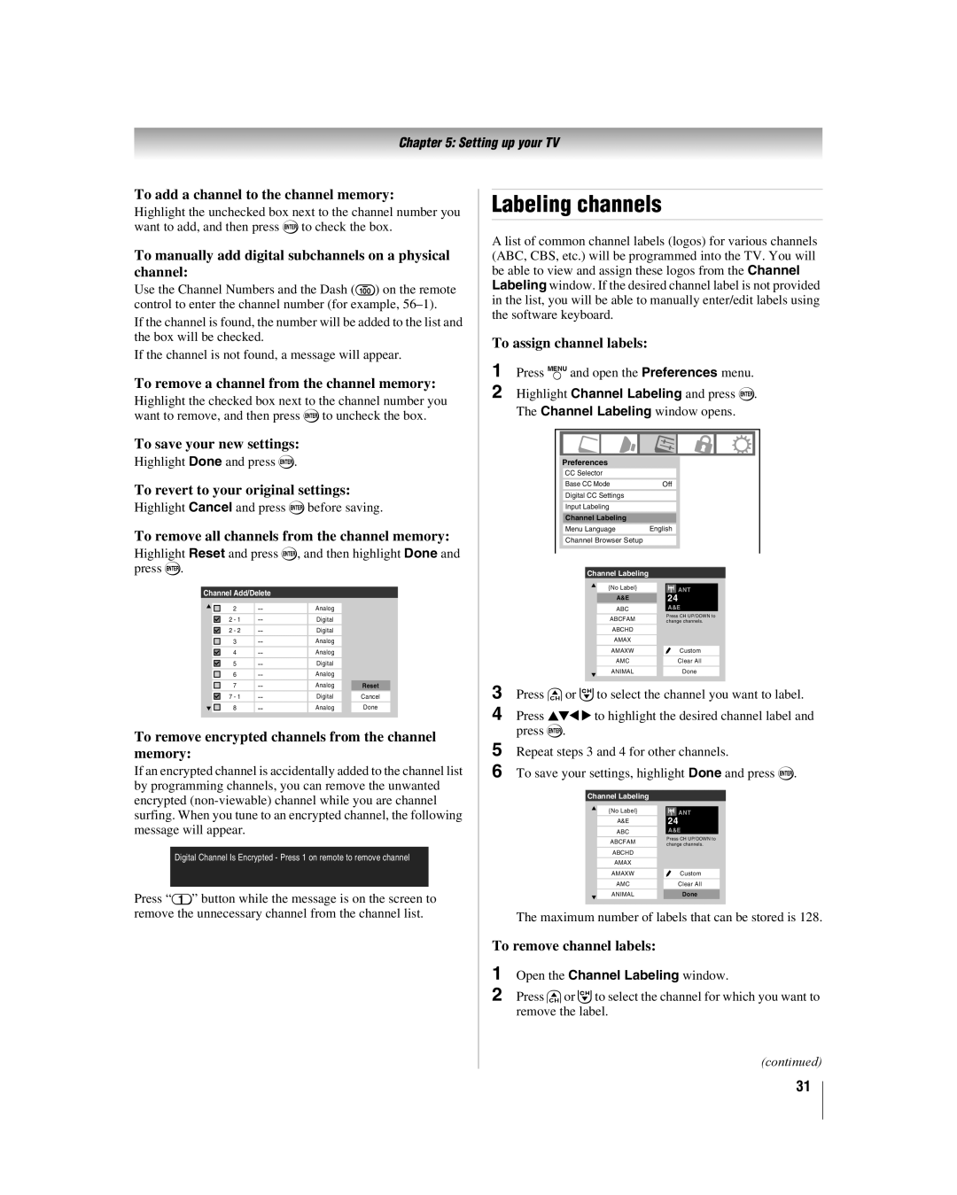 Toshiba 32HL17 manual Labeling channels 